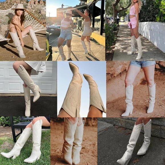 🆕Women White Knee High Pointed Toe Chunky High Heels Pull-on Embroidered Boots - Picture 7 of 7